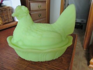 Vintage Fenton Lime Green Satin Glass Hen Chicken on Nest Covered Dish signed 2