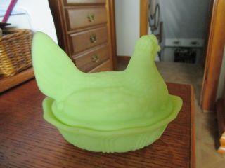 Vintage Fenton Lime Green Satin Glass Hen Chicken on Nest Covered Dish signed 3