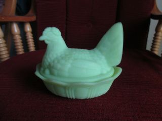 Vintage Fenton Lime Green Satin Glass Hen Chicken on Nest Covered Dish signed 6