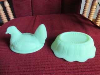 Vintage Fenton Lime Green Satin Glass Hen Chicken on Nest Covered Dish signed 8
