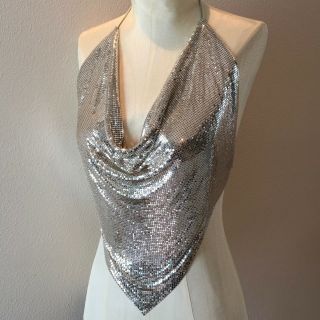 Vintage 1970s Whiting & Davis Silver Mesh Sexy Bare Backless Halter Top