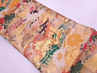 76792 Japanese Kimono / Vintage Maru Obi / Woven Pine & Cranes With Mansion