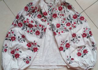 Ukrainian Vintage (1920 - 1940) Embroidered Blouse,  S - M,  Cotton,  Handiwork,  Ukraine