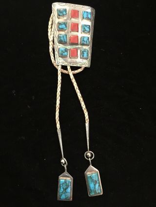 Vintage Native American Jewelry Large Bolo Tie W/ Turquoise & Coral Signed Az