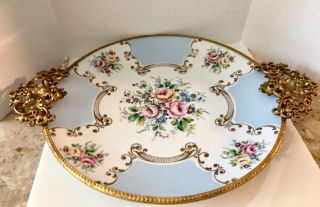 Vintage Very Large Round Porcelain Floral Limoge Bowl Blue/gilt Ormalu Frame