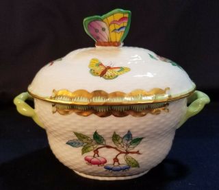Vintage Herend Butterfly Sugar Bowl Bonbon Butterfly Finial Green W/ Gold Accent