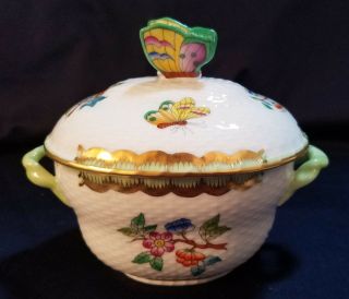 Vintage Herend Butterfly Sugar Bowl Bonbon Butterfly Finial Green w/ Gold accent 3