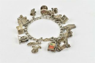 Vintage Los Angeles Charm Bracelet Sterling Silver Moveable 15 Charms Vantines