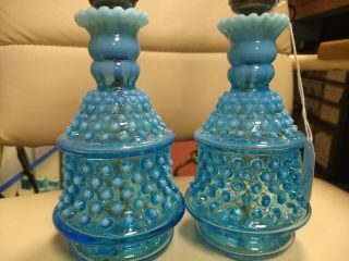 Matching Pair Vintage Fenton Blue Opalescent Hobnail Night Table Lamp Rare