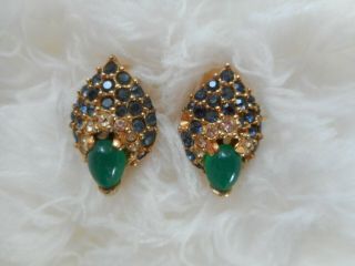 Vintage Boucher Peacock Earrings Green Cabochon Blue Rhinestone For Repair