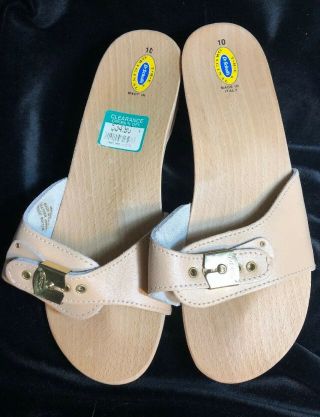 Vintage Dr Scholl Women Sz 10 Wood Leather Exercise Slide Sandals Italy