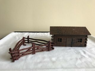 Vintage Plastic Frontier Toy Set With Fencing And Log Cabin