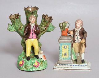 Two Antique Staffordshire Pearlware Pottery Figures,  Unusual Gardener Etc