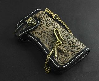 Skull Concho Mens Vintage Biker Carved Leather Bifold Long Wallet Purse W/ Chain