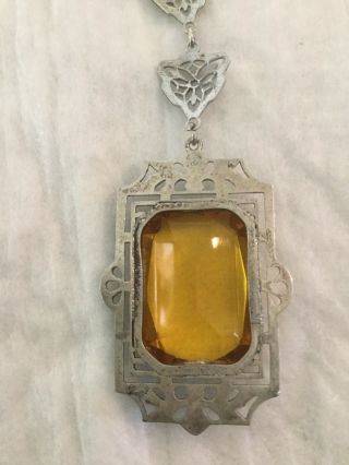 Vintage Art Deco Sterling Silver Filigree and Yellow Glass Necklace Signed KB 5