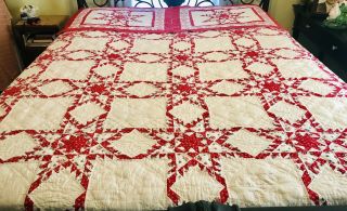 Vtg Arch Quilts Handmade Star Quilt Hawthorne,  Ny 90 " X 100 " Red Pink White,