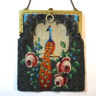 Antique Vintage Micro Beaded Purse Floral Bag Handbag Victorian Scenic Peacock