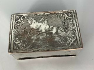 Rare Antique Vesta Case Match Safe Box Silver Plate Chased Horses Equestrian