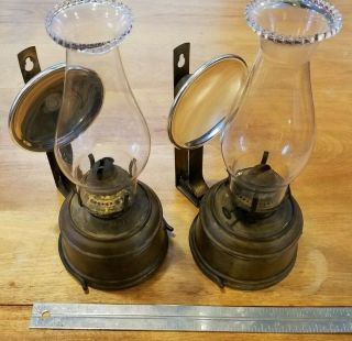 (x2) Vintage Victor Brass Oil Lamp With Globe & Reflector Wall Mount