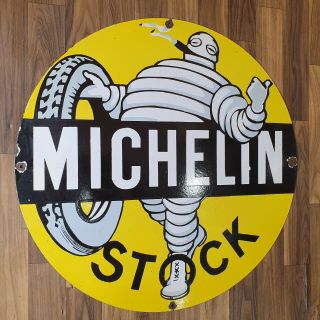 MICHELIN STOCK Vintage Porcelain Sign 24 INCHES ROUND 3