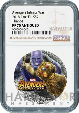 Marvel Avengers: Infinity War - Thanos - 2 Oz.  Silver Coin - Ngc Pf70 Antiqued
