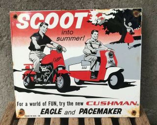 Vintage " Cushman Scooter " Porcelain Advertising Sign,  12 " X 10 ",  Dated 1958