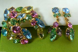 Vtg Round & Marquis Cut Crystal Stones Pin Brooch & Clip On Earrings Set