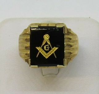 10k Yellow Gold Black Onyx Vintage Mason Masonic Ring Size 10