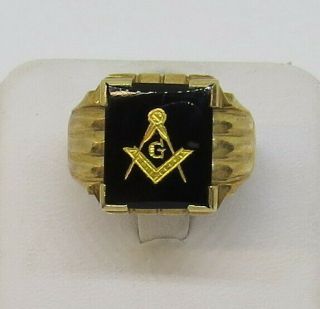 10K Yellow Gold Black Onyx Vintage Mason Masonic Ring Size 10 2