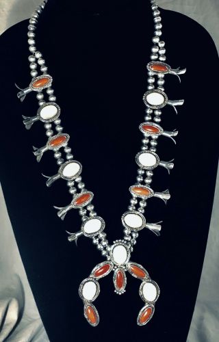 Vintage Native American Mother Of Pearl & Coral Squash Blossom 26 " Necklace