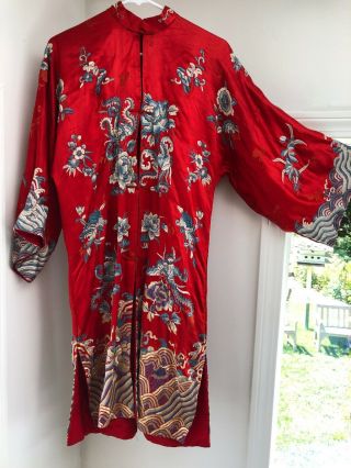 Stunning Vintage Antique Red Silk Embroidered Kimono/ Robe