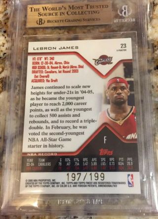 LEBRON JAMES 04 - 05 FINEST XFRACTOR BGS 9.  5 GOLD JERSEY /199 2nd Year RARE 3