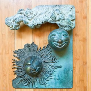 Vintage Bronze Wall Hanging Garden Art Eclipse Sun Moon Artist Signed