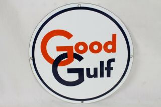 Vintage Good Gulf Gasoline Porcelain Pump Plate Sign Gas Oil Rare Round