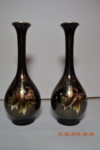 Two Japanese Black Bud Vases With Copper & Brass Decorations