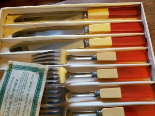 Vintage Red/Butterscotch LAMINATED BAKELITE Flatware Set by WASHINGTON FORGE Box 6