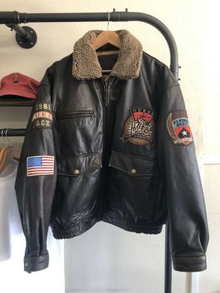 Rare Men’s Vintage Guess Flyers Club 80s Air Command Leather Bomber Jacket Large
