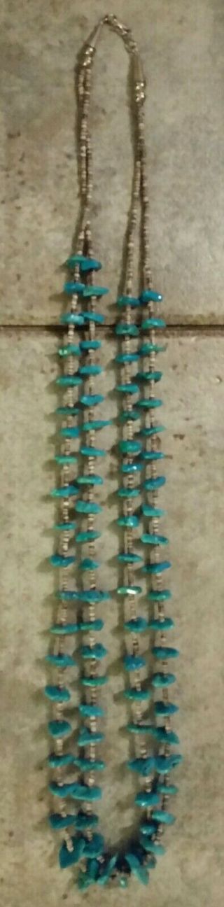 30 " Turquoise Double Strand Vintage Necklace Sterling Silver Clasp