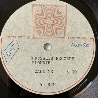 Rare Blondie Call Me Acetate Edit 7” 1980 Chrysalis Synth Punk Disco Demo Promo