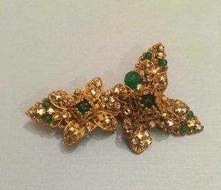 Vntg Signed Miriam Haskell Gold Filigree Green Powered Glass Rhinestones Pin 3 "