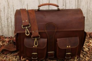 Mens Natural Brown Leather Vintage Laptop Messenger Sling Shoulder Briefcase Bag