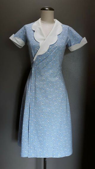 True Vintage Depression Era 1930s Blue Floral Cotton Home Spun Wrap Day Dress Sm
