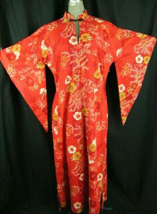 Rare Paradise Of Hawaii Vtg 40s Red Cotton Hawaiian Long Dress - Bust 40/m