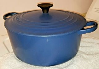 Vintage Le Creuset No.  22 Blue Dutch Oven 3 - 1/2 Quart with Lid Enamel Cast Iron 2