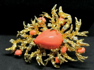 Vintage Panetta Coral And Rhinestones Gold Tone Large Pin Brooch Pendant