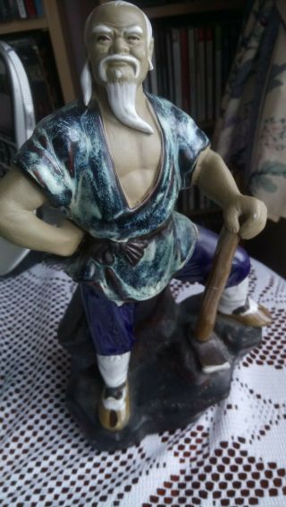 Chinese Mud Man Glazed Ceramic Figurine Axe Worker Oriental Statue