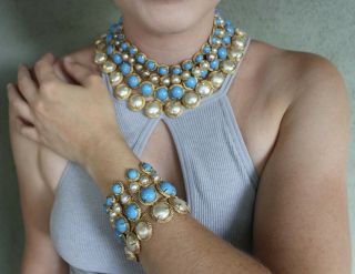 Rare Vintage Mosell Necklace & Bracelet Set Pearl Turquoise Signed Jewelry