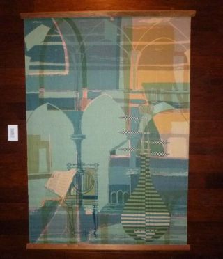 Vtg Mid Century Robert Bushong Linen Tapestry Wall Hanging Musical Instruments