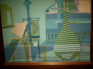 Vtg Mid Century Robert Bushong Linen Tapestry Wall Hanging Musical Instruments 5