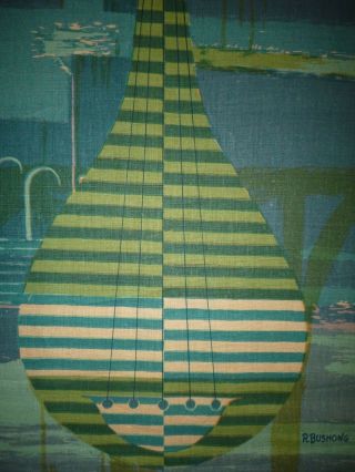Vtg Mid Century Robert Bushong Linen Tapestry Wall Hanging Musical Instruments 7